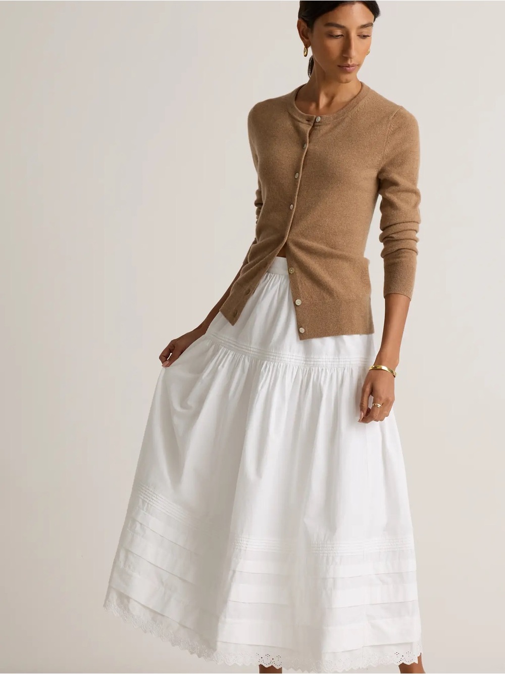Quince Cream Brown Cardigan with White Tiered Maxi Skirt